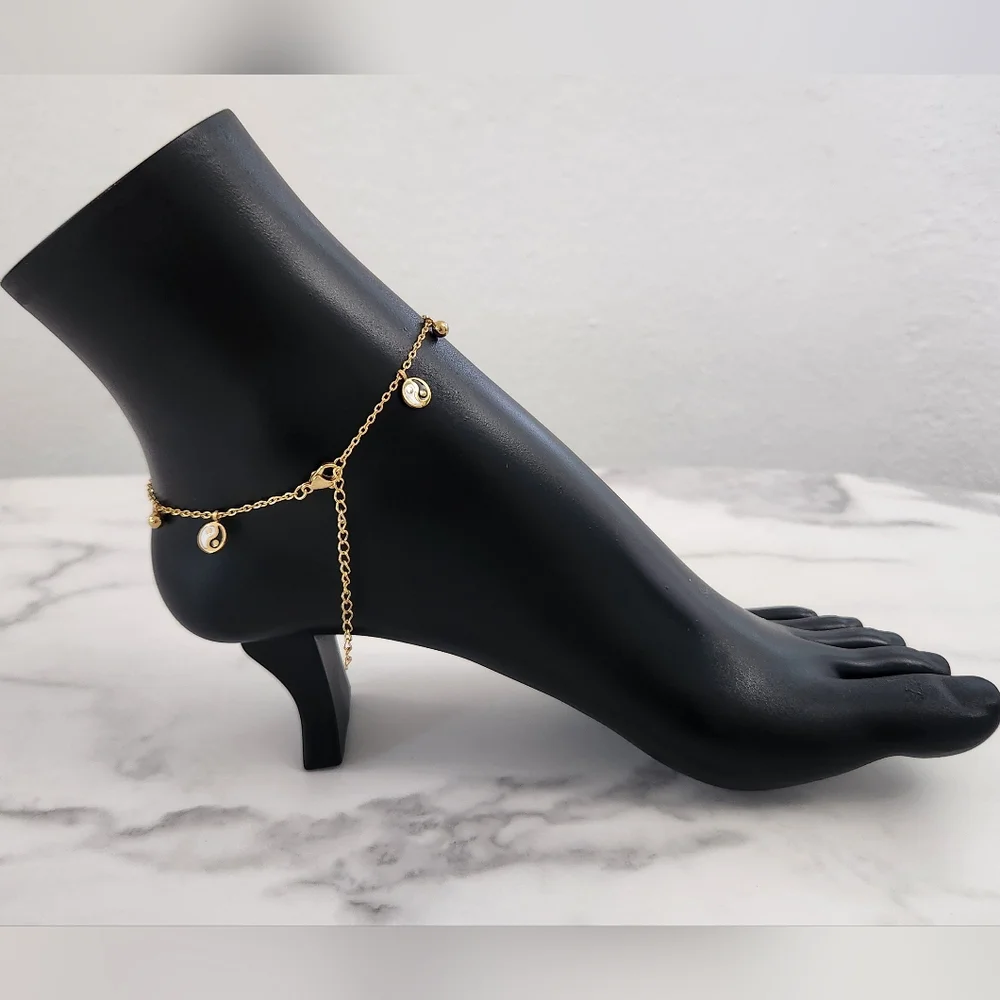 Gold Plated Yin Yang Anklet Adjustable Dainty Bracelet Minimalist Charm Jewelry - Picture 6 of 12